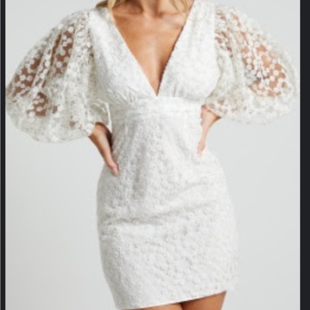 Showpo White Daisy Embroidered puff Sleeve Dress